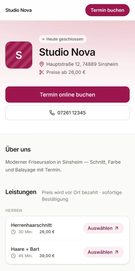 Salonseite von Studio Nova auf dem iPhone mit „Termin online buchen“ und Leistungen
