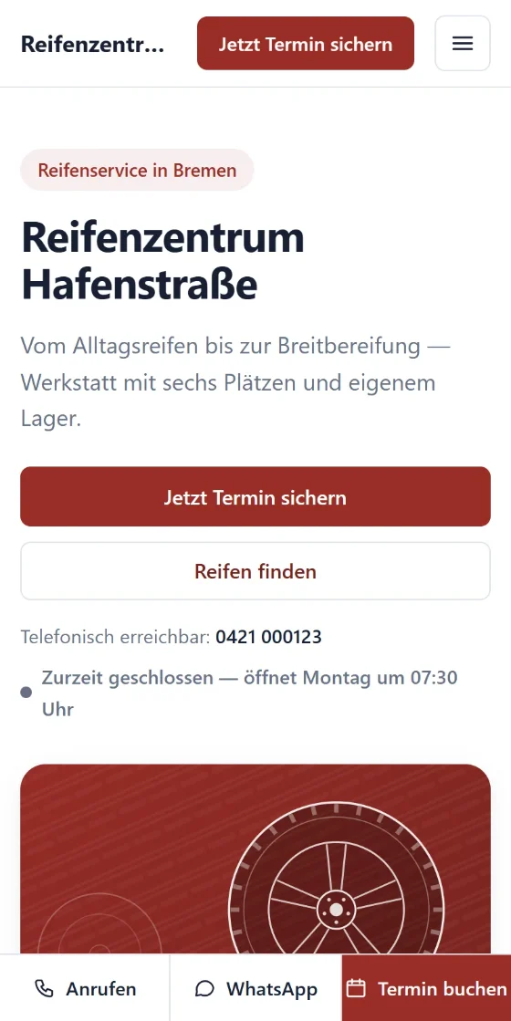 Öffentliche Betriebsseite auf dem iPhone: Reifenzentrum Hafenstraße mit „Jetzt Termin sichern“